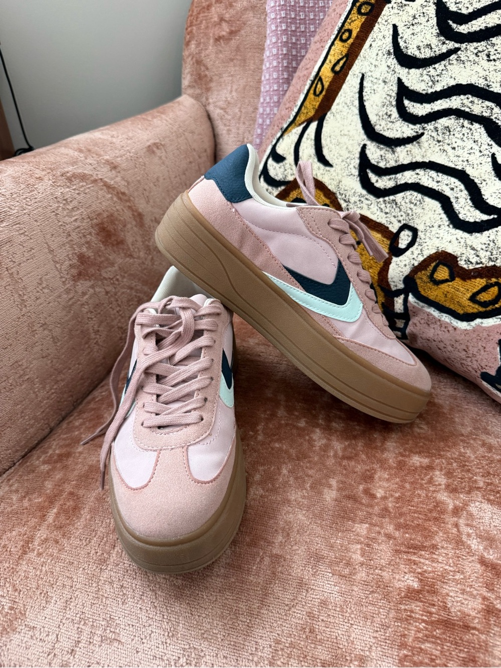 Bershka Platform Sneakers Blush Pink & Navy Gum Sole
